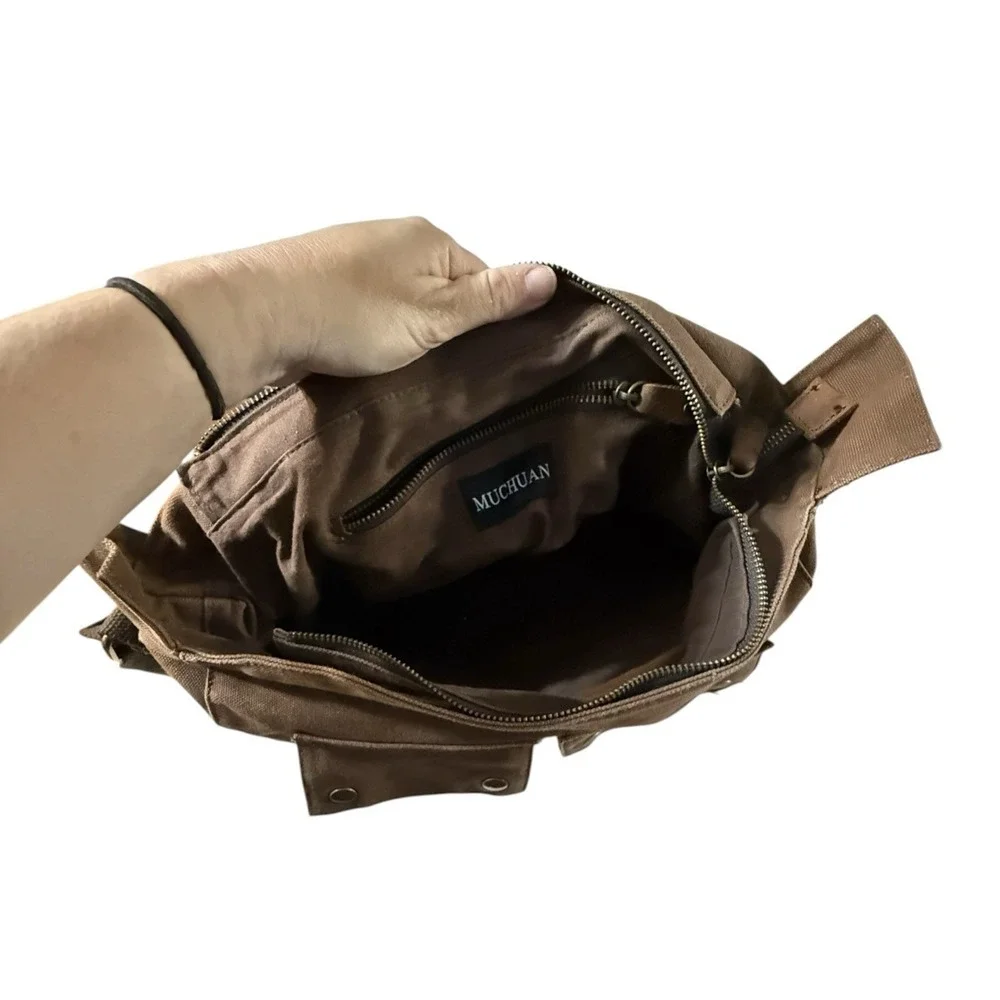 Military Canvas Leather Men Messenger Bag Shoulder Crossbody Bag Sturdy Muchuan